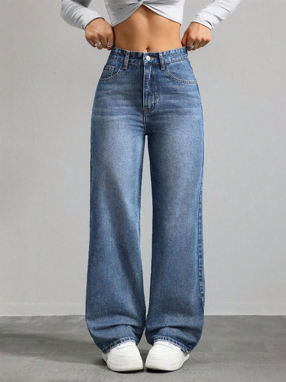 Medium Wash Casual Women's Pocketed Wide Leg Loose Denim Pants
